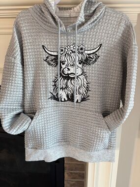 Cozy Gray Waffle Knit Hoodie with Black Highland Cow Graphic